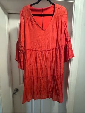 Relaxed Orange V-Neck Tiered Tunic Dress